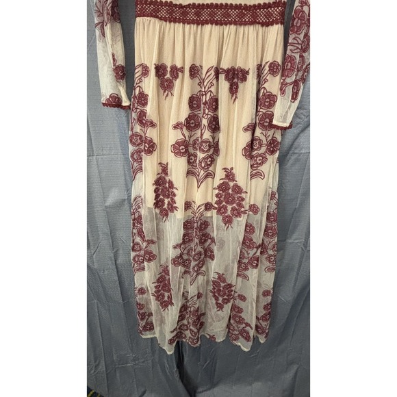Unbranded Embroidered Floral Mesh Maxi Dress Women S Beige Burgundy Boho Prairie - Picture 4 of 12